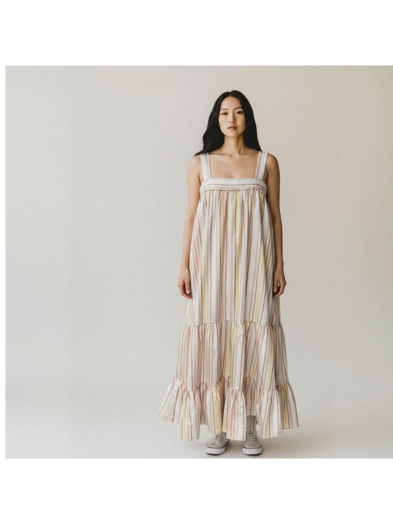 Lemlem Retta Sweepy Sundress Medium Cream Metallic Stripe Tiered Maxie Nwt New